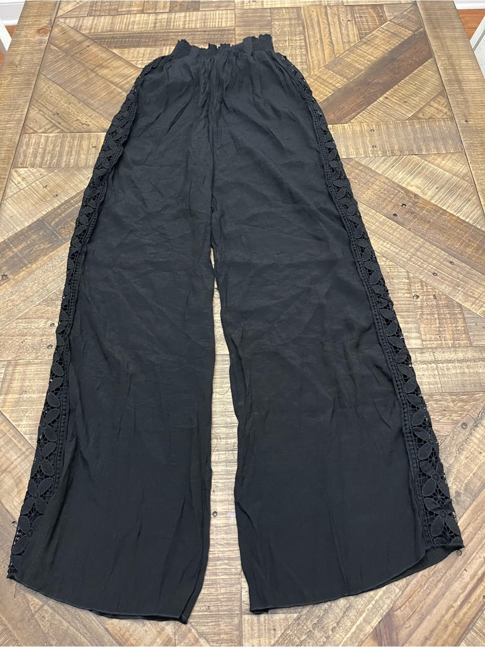 TiniBikini Black Wide Leg Resort Pants Crochet Lace Side Panel Cover Up XL